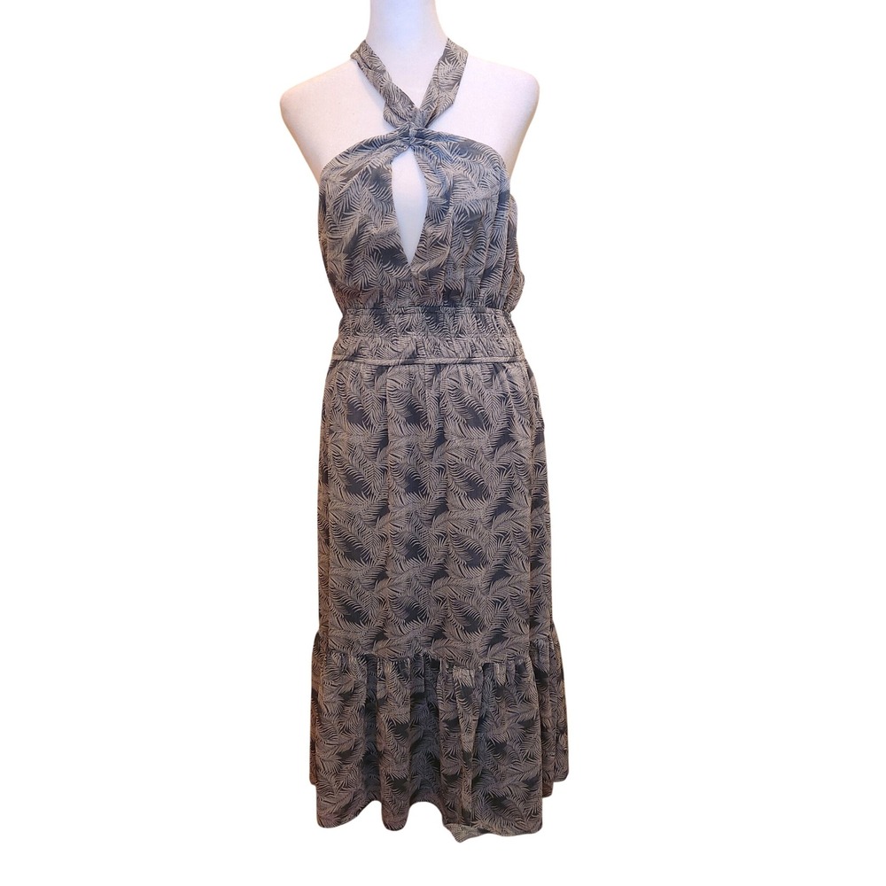 Trixxi Green Palm Leaf Halter Maxi Dress Smocked Waist Keyhole Tiered Large‎ L